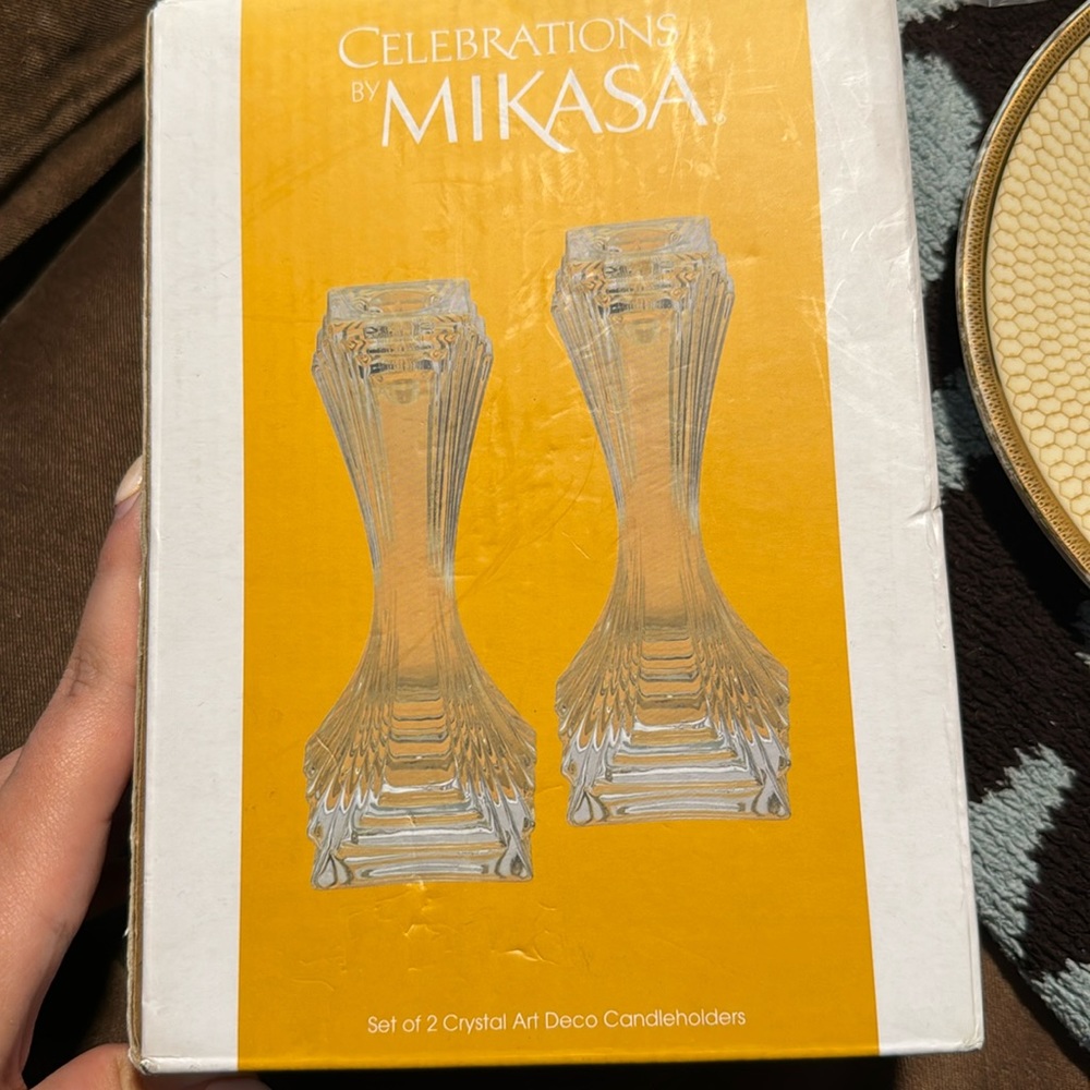 BRAND NEW SET OF 2 CRYSTAL ART DECO CANDLEHOLDERS